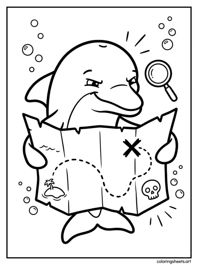 Dolphin reading a treasure map underwater coloring page printable pdf