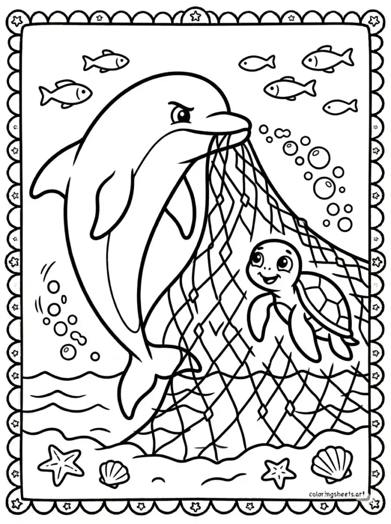 Dolphin rescuing a sea turtle from a fishing net coloring page