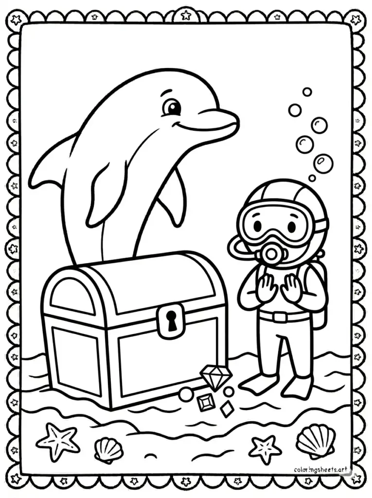 Dolphin showing a treasure chest to a scuba diver coloring page