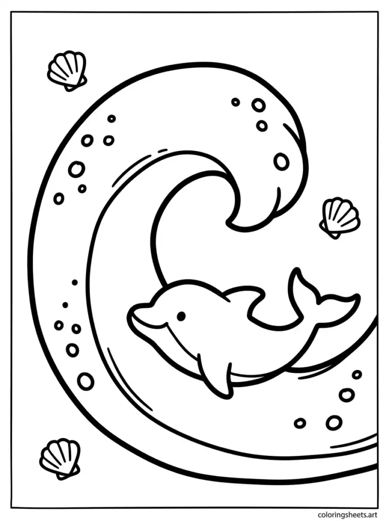 Dolphin sitting inside a big wave coloring page for toddlers