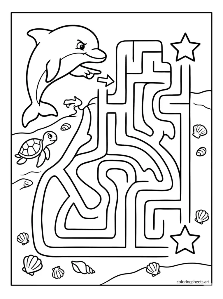 Dolphin solving a seashell maze coloring page for kids
