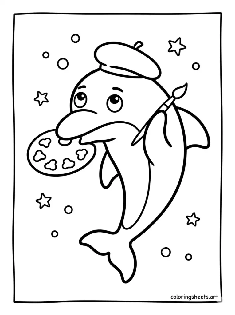 Dolphin wearing a beret and holding an artist palette coloring page