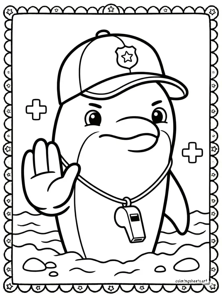 Dolphin wearing a lifeguard hat and whistle coloring page