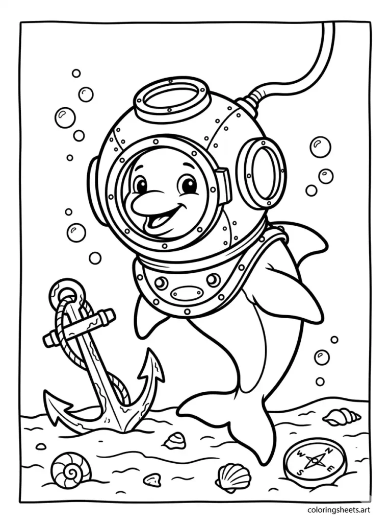Dolphin wearing an old-fashioned diving helmet printable coloring page