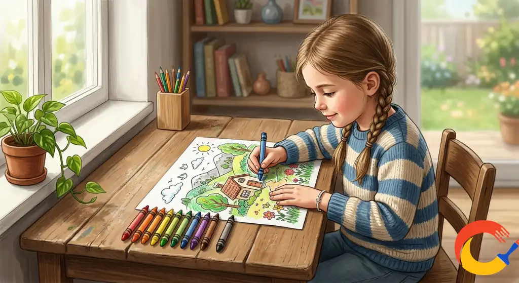 A young school-age child carefully coloring a detailed scene with crayons