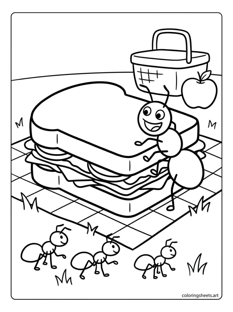 Ant sneaking onto a picnic sandwich coloring page