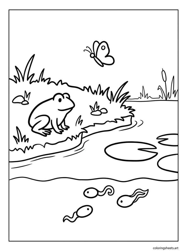 Baby frog watching tadpoles in the pond coloring page
