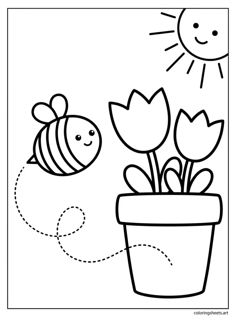 Bee flying toward a flower pot coloring page