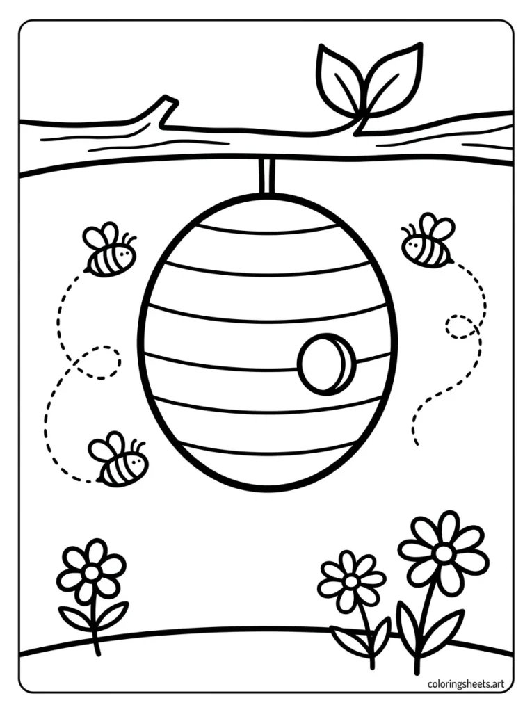 Big beehive with busy bees coloring page