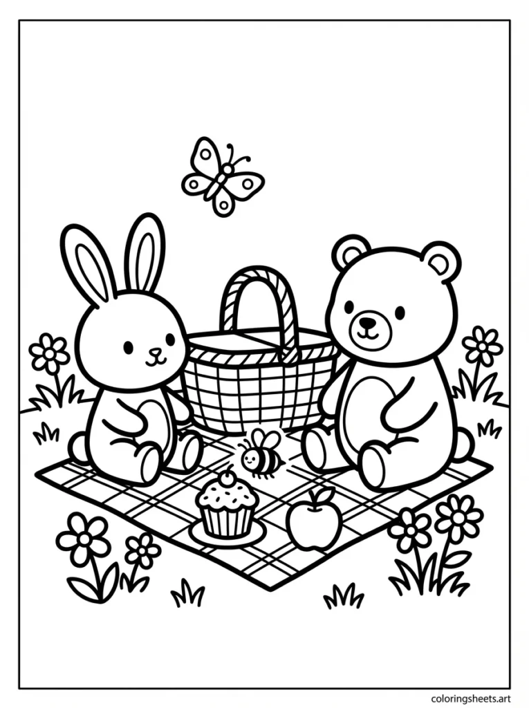 Bunny and bear on a spring picnic coloring page