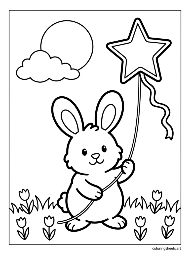 Bunny flying a kite in spring coloring page