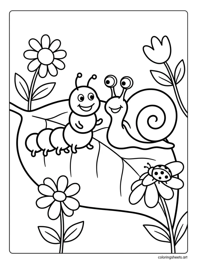 Caterpillar and snail on a leaf coloring page