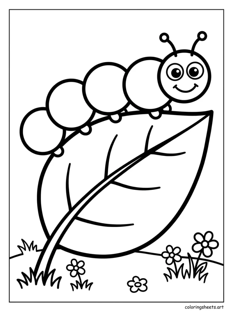 Cute caterpillar on a leaf coloring page for kids