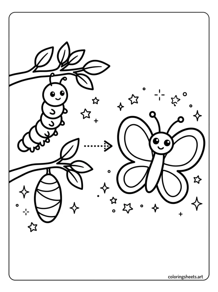 Caterpillar turning into a butterfly coloring page for kids