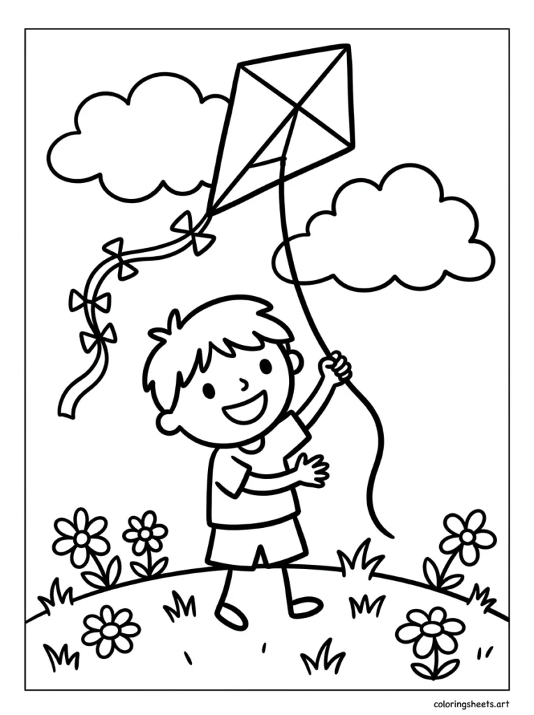 Child flying a kite on a spring hill coloring page
