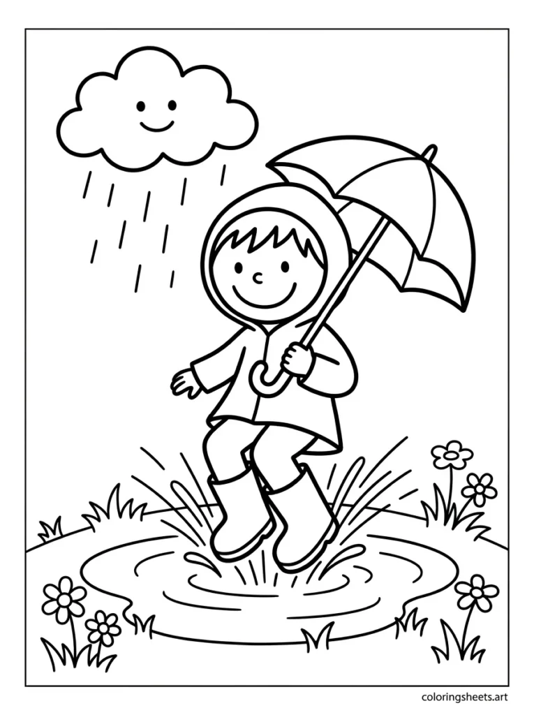 Child splashing in spring puddles coloring page