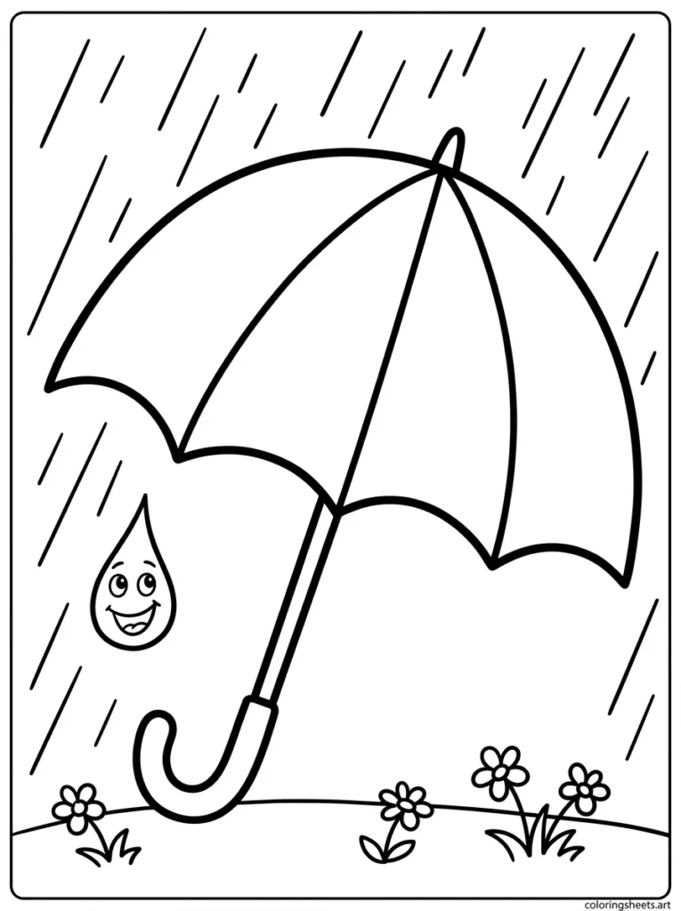 Colorful umbrella in the spring rain coloring page