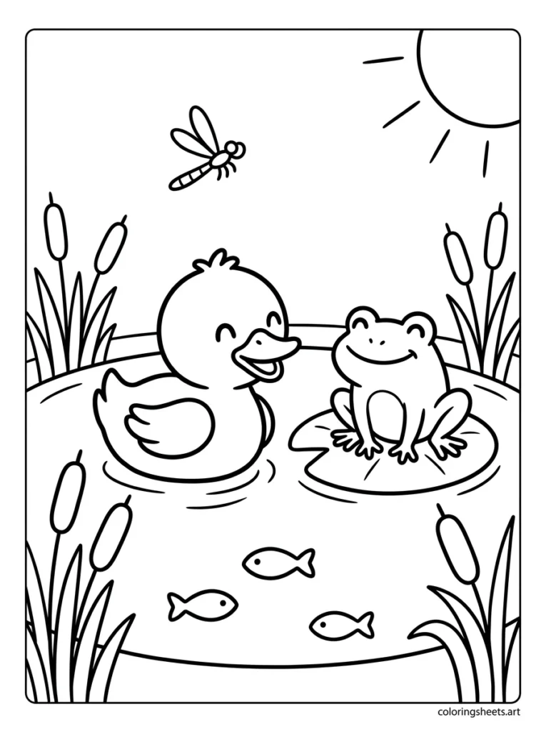 Duck and frog friends at the pond coloring page