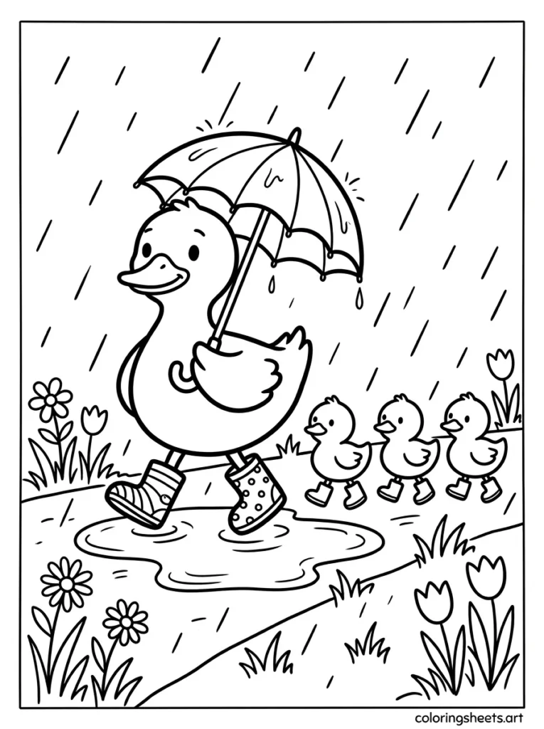 Duck family walking in the spring rain coloring page