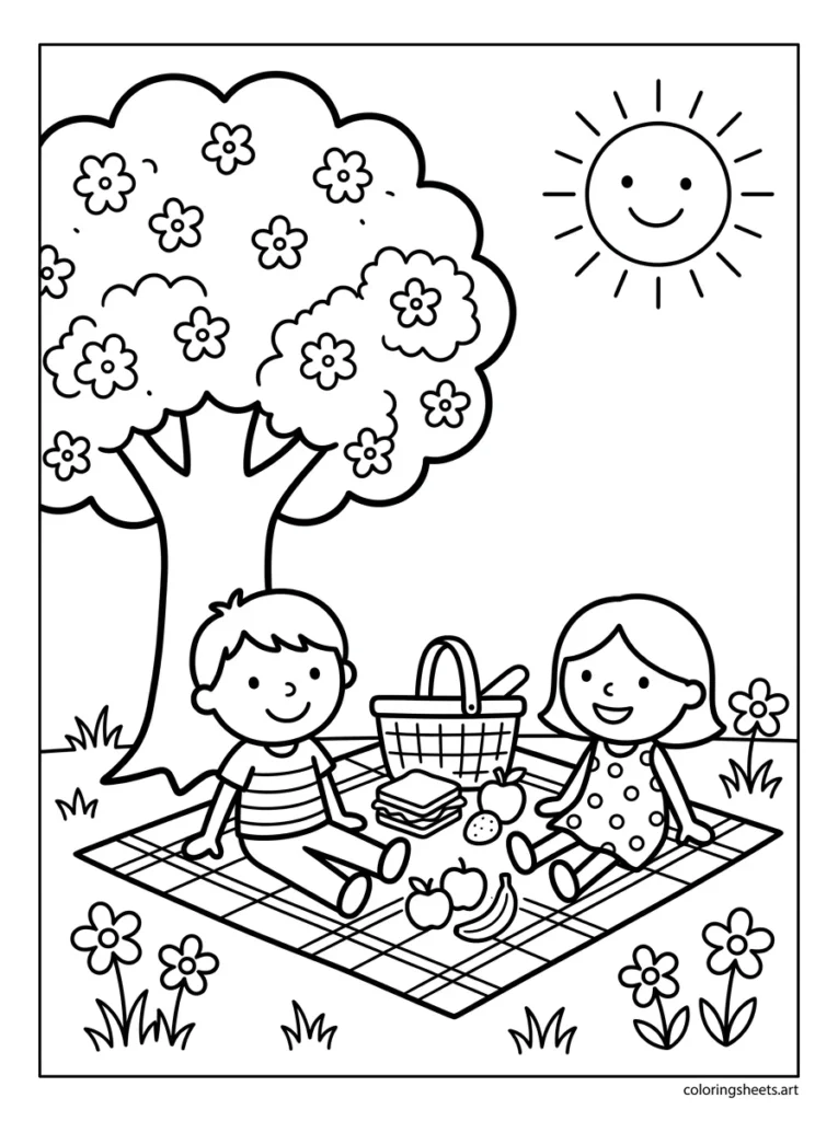 Family picnic under a blossom tree coloring page