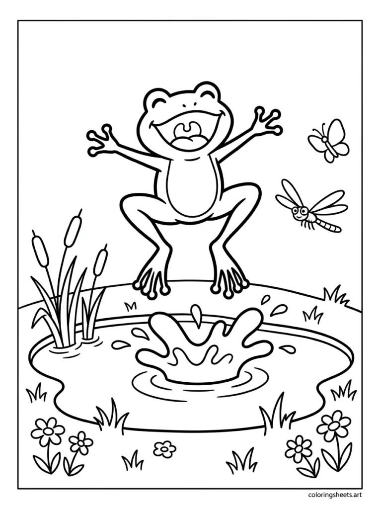 Frog leaping into a pond coloring page