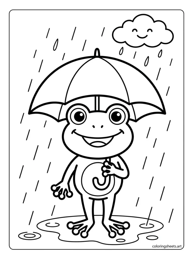 Frog holding an umbrella in the rain coloring page