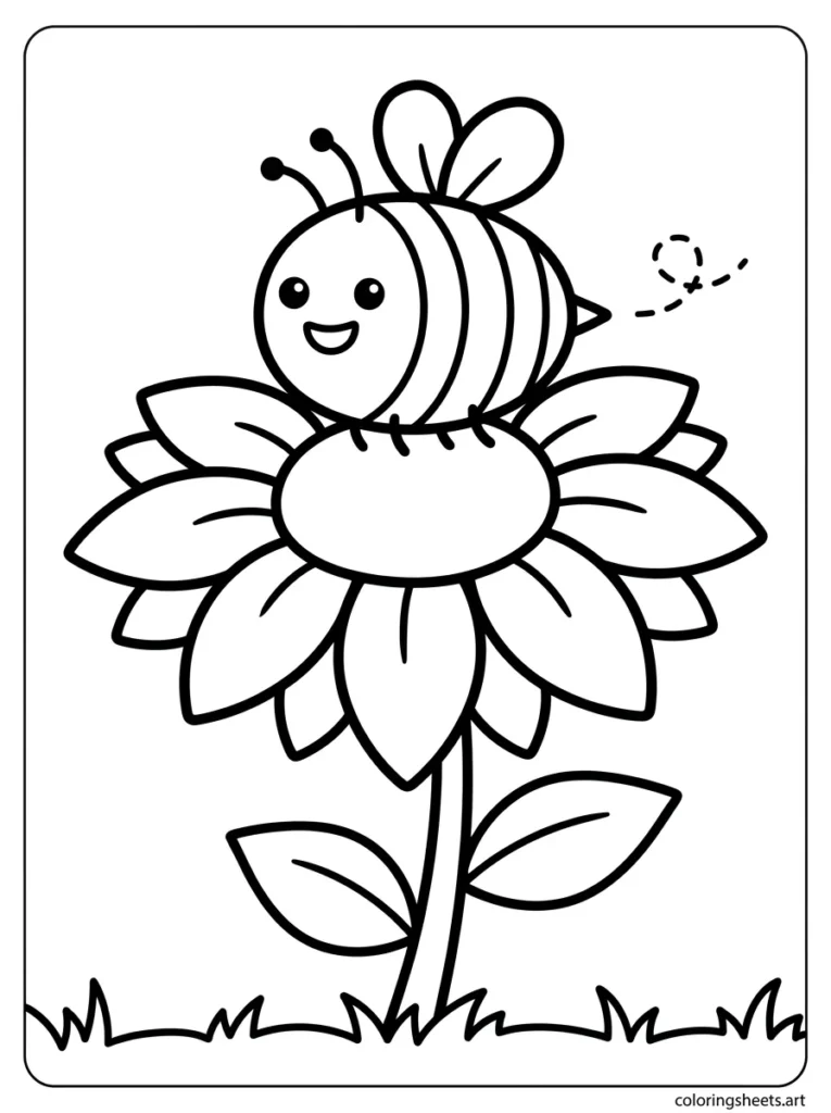 Happy bee on a sunflower coloring page