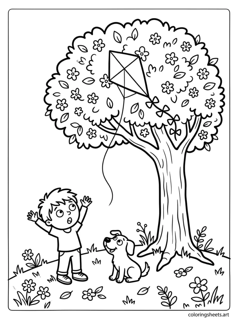 Kite tangled in a blossom tree coloring page