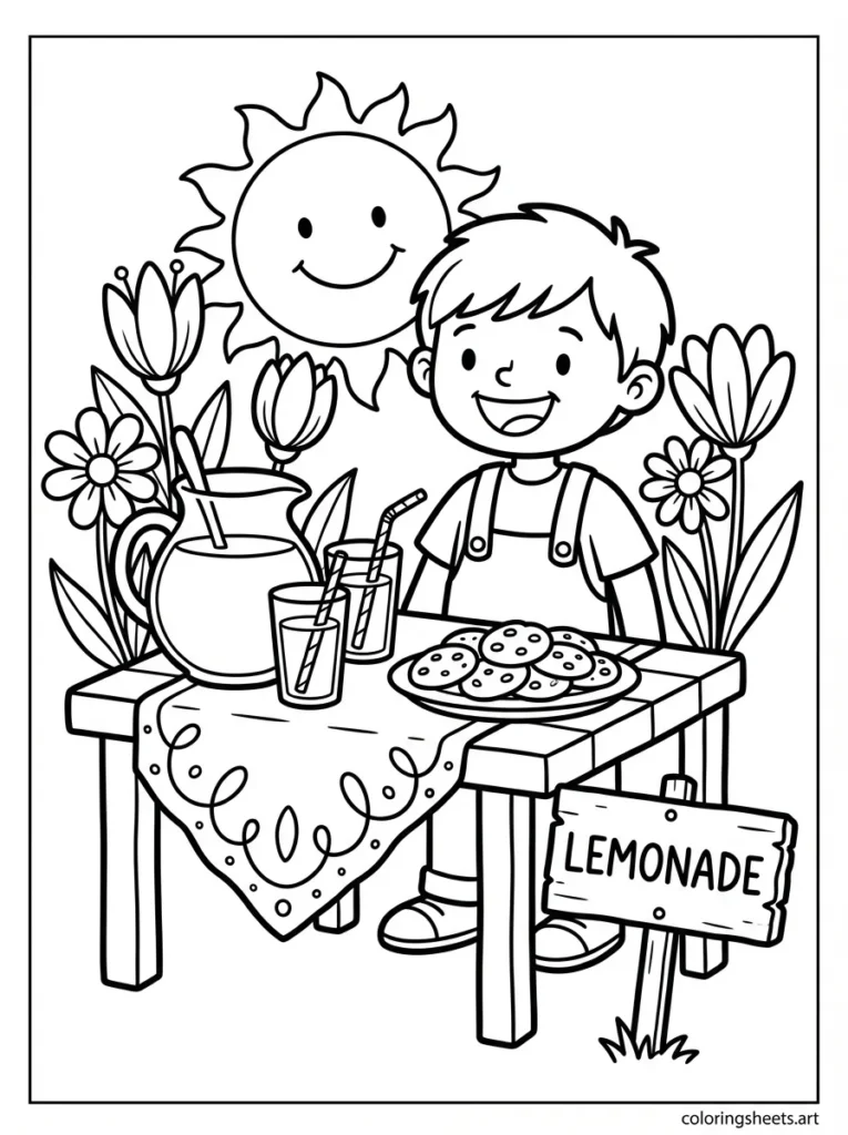 Lemonade stand on a spring day coloring page for kids
