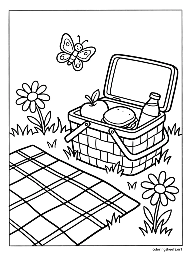 Spring picnic basket on the grass coloring page