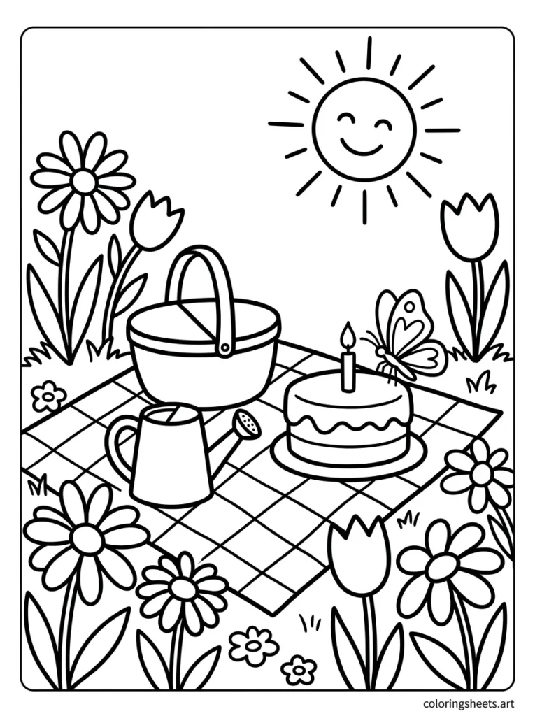 Picnic blanket in a spring flower field coloring page
