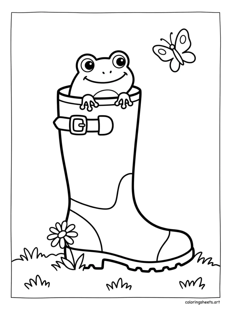 Rain boot with a frog peeking inside coloring page