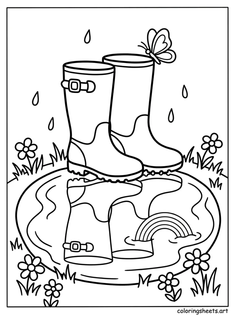 Rain boots beside a rainbow puddle easy spring coloring page