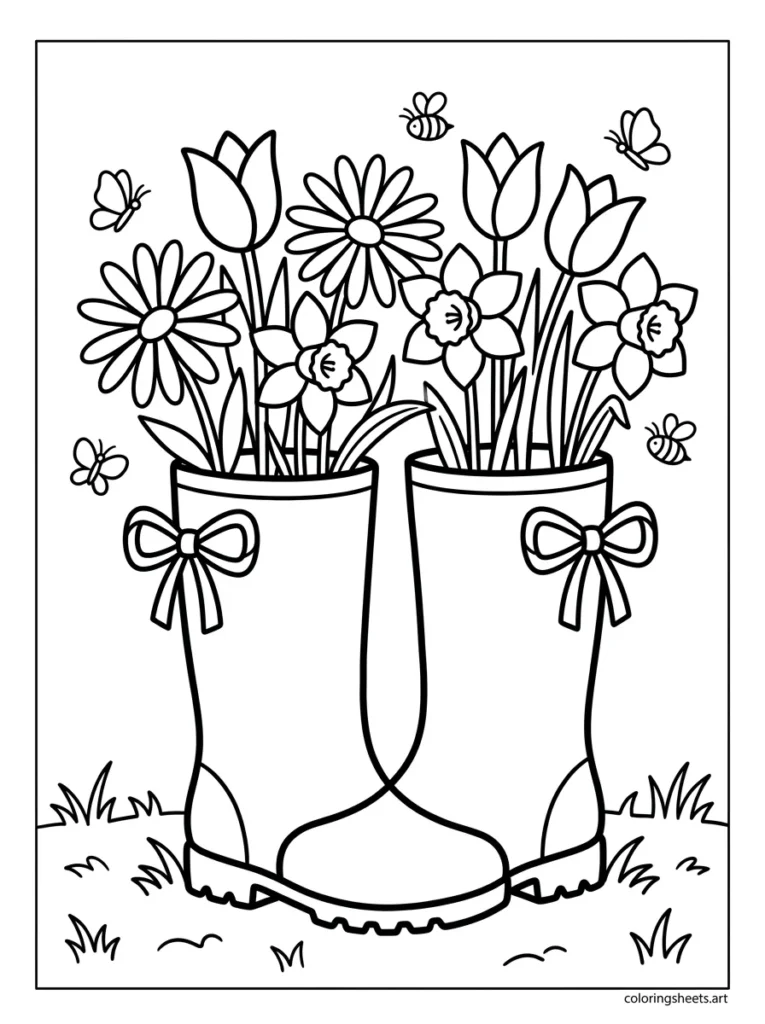 Rain boots filled with spring flowers coloring page