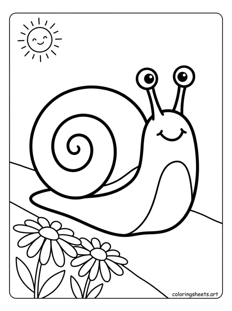 Happy snail crawling through the garden coloring page