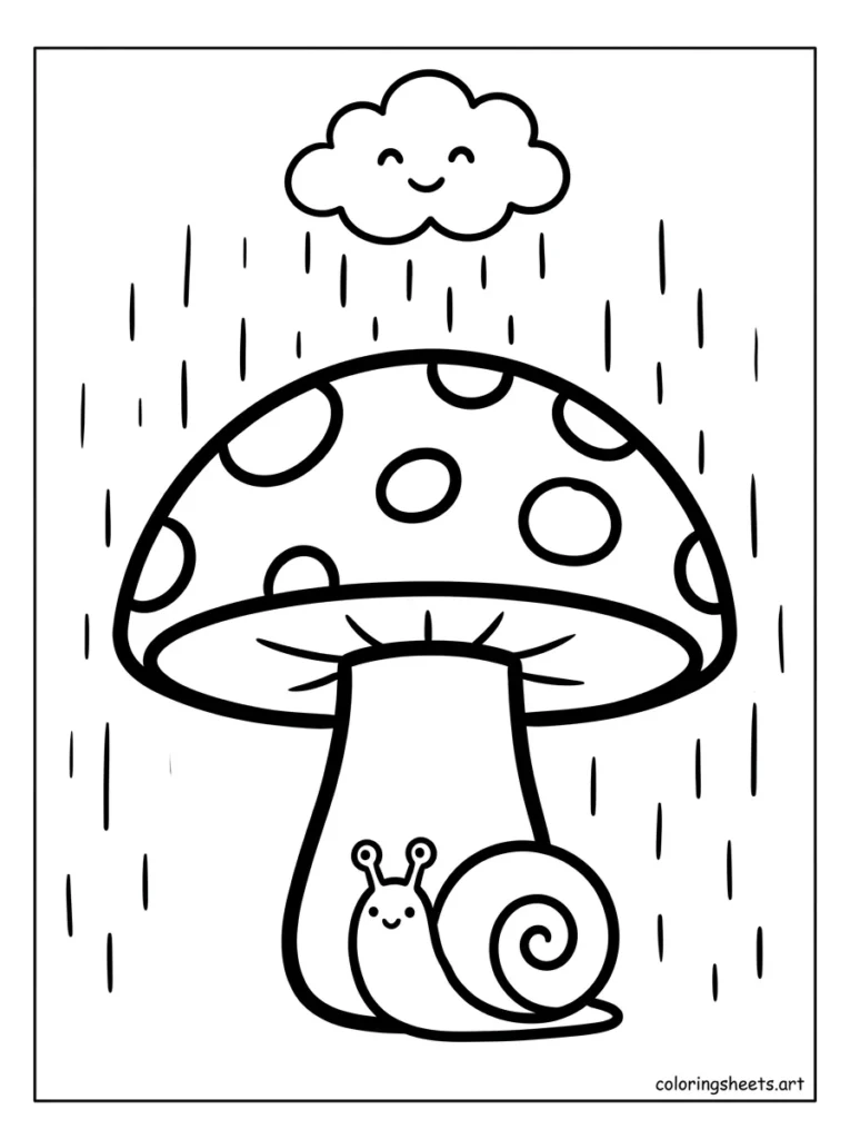 Snail sheltering under a mushroom in the rain coloring page