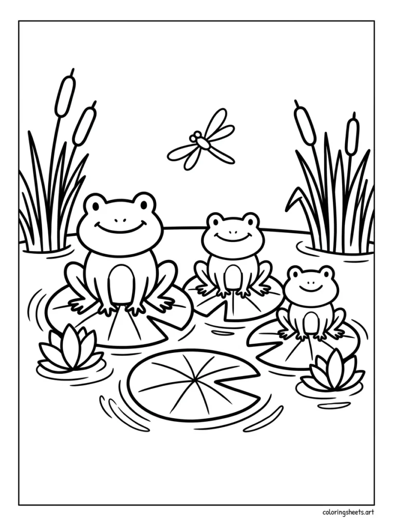 Three frogs on lily pads coloring page