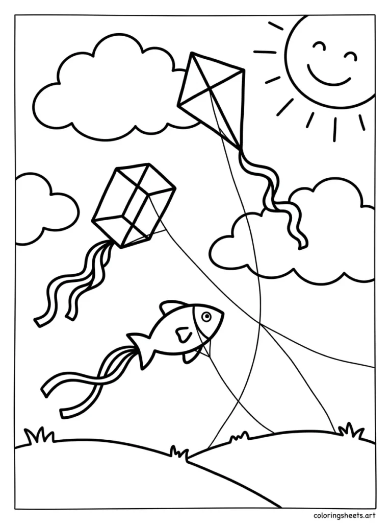 Three kites in a sunny spring sky coloring page