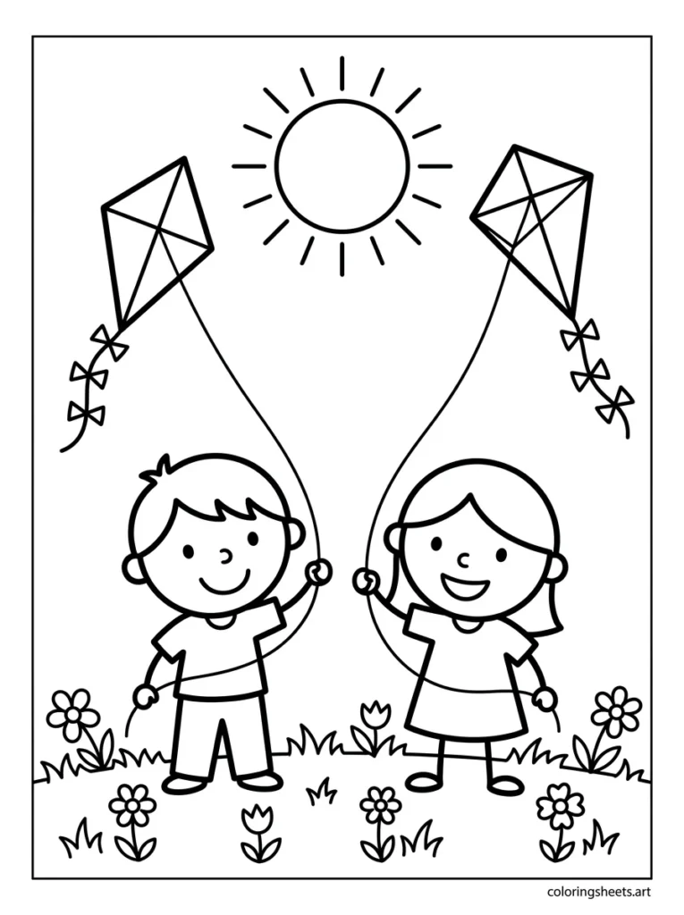 Two kids flying kites together coloring page