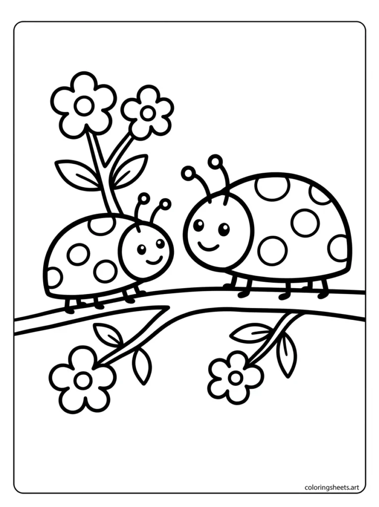 Two ladybugs on a blossom branch coloring page
