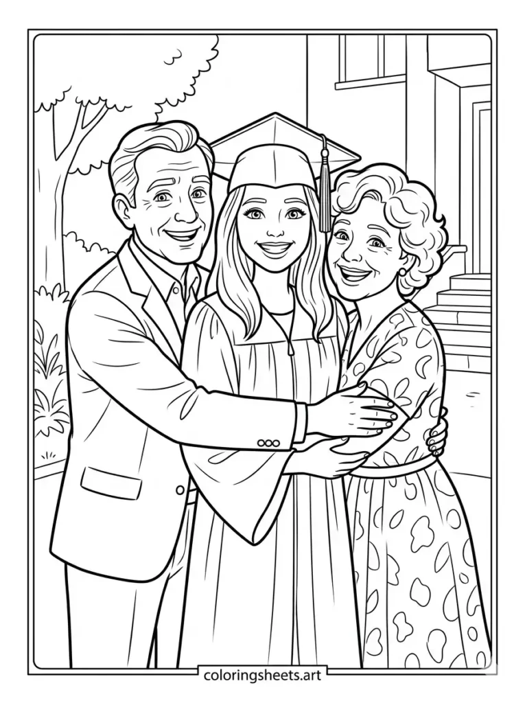 Family graduation coloring sheets for kids and adults hugging parents