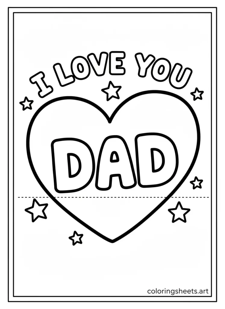 Father's Day coloring card big heart with dad inside for toddlers free printable