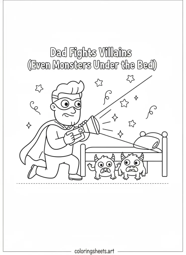 Father's Day coloring card dad fights villains monsters under bed free printable for kids