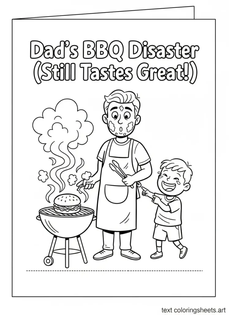 Father's Day coloring card dad's bbq disaster funny free printable for kids