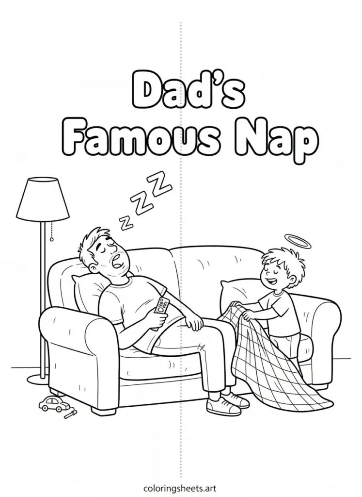 Father's Day coloring card dad's famous nap on the couch free printable for kids