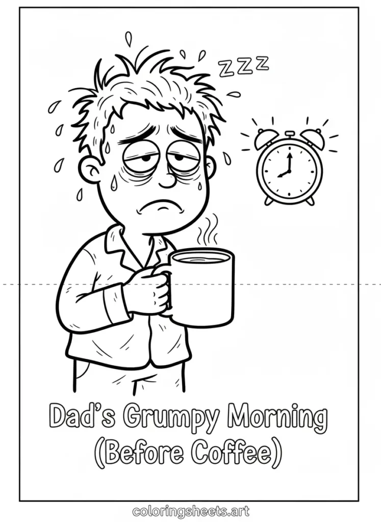 Father's Day coloring card dad's grumpy morning before coffee free printable for kids