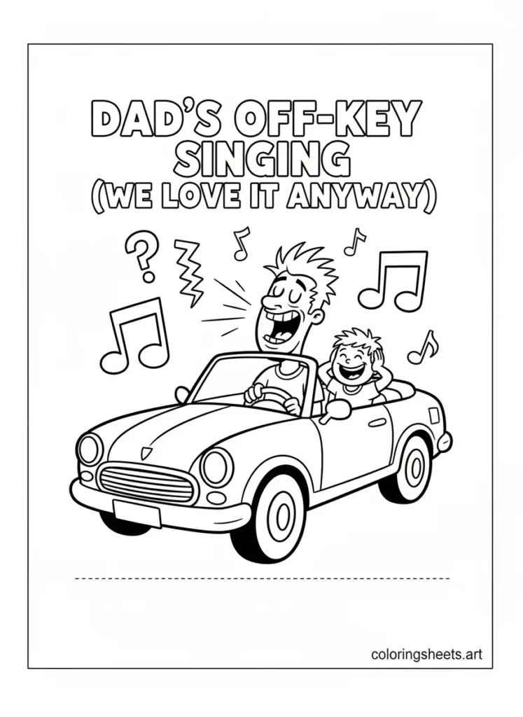 Father's Day coloring card dad's off-key singing in the car free printable for kids