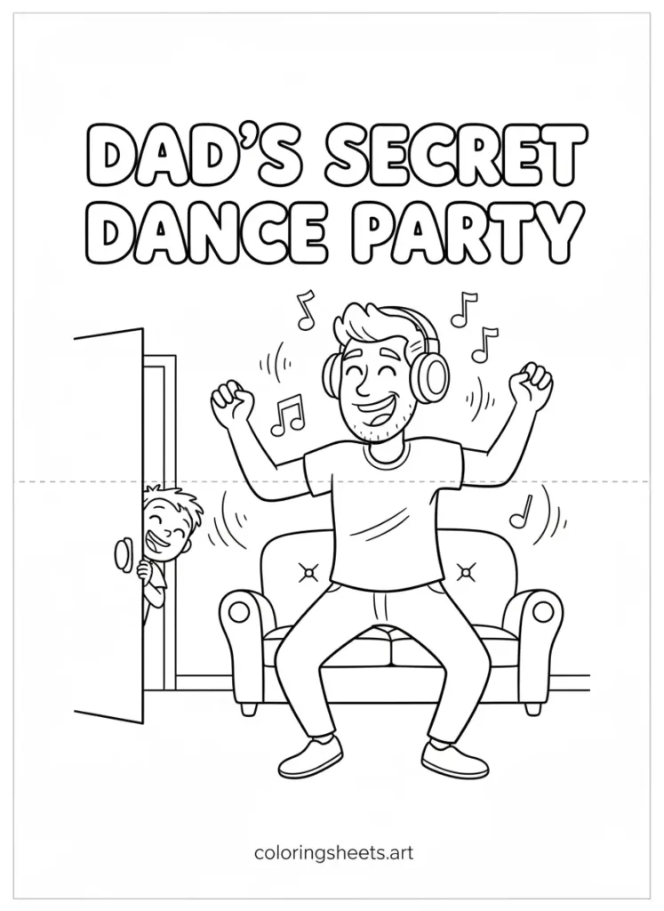 Father's Day coloring card dad's secret dance party free printable for kids