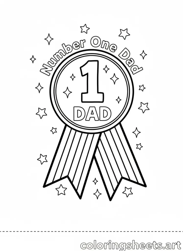 Father's Day coloring card number one dad medal and ribbon free printable for kids