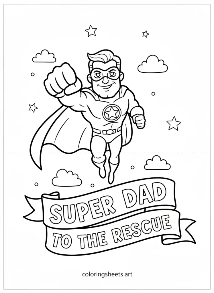 Father's Day coloring card super dad to the rescue free printable for kids